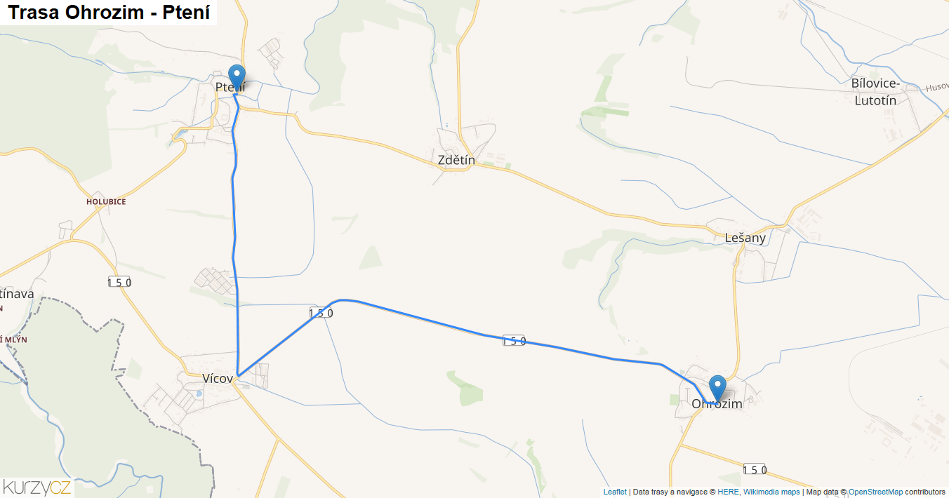 Ohrozim-Ptení, mapa trasy
