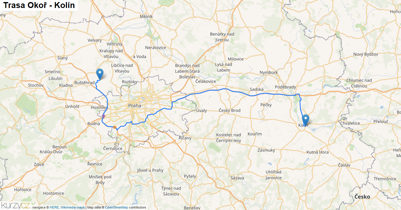 Okoř-Kolín, mapa trasy