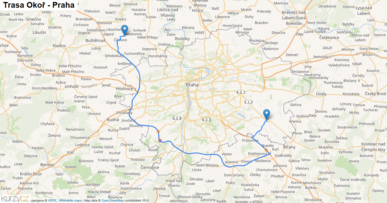 Okoř-Praha, mapa trasy