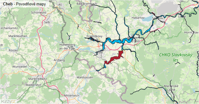 Cheb - záplavové mapy stoleté vody