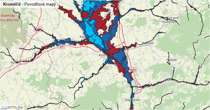 Kroměříž - záplavové mapy stoleté vody