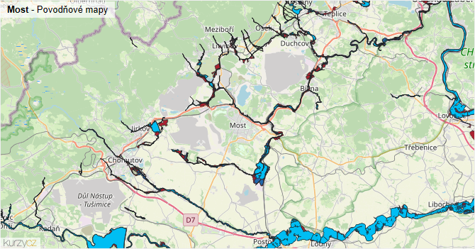 Most - záplavové mapy stoleté vody