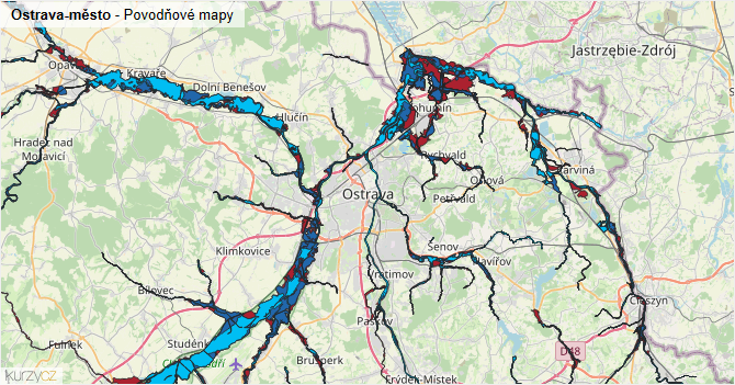 Ostrava-město - záplavové mapy stoleté vody