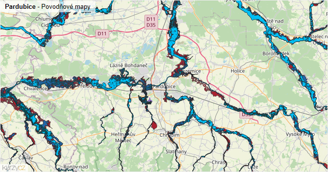 Pardubice - záplavové mapy stoleté vody