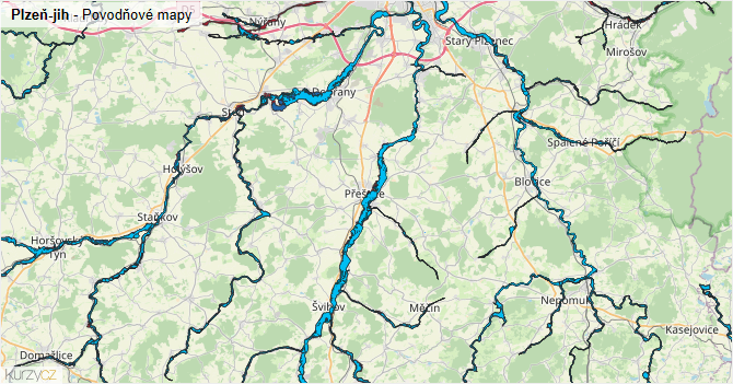 Plzeň-jih - záplavové mapy stoleté vody