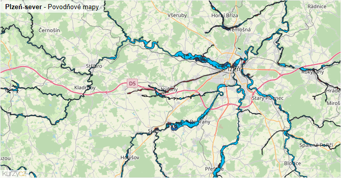 Plzeň-sever - záplavové mapy stoleté vody