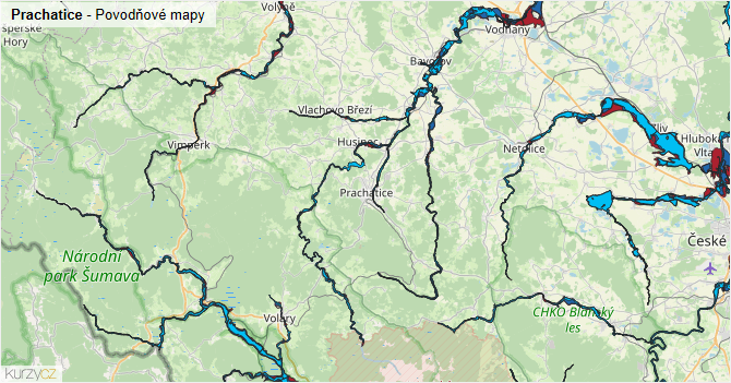 Prachatice - záplavové mapy stoleté vody