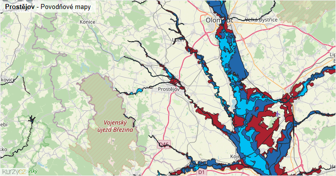 Prostějov - záplavové mapy stoleté vody