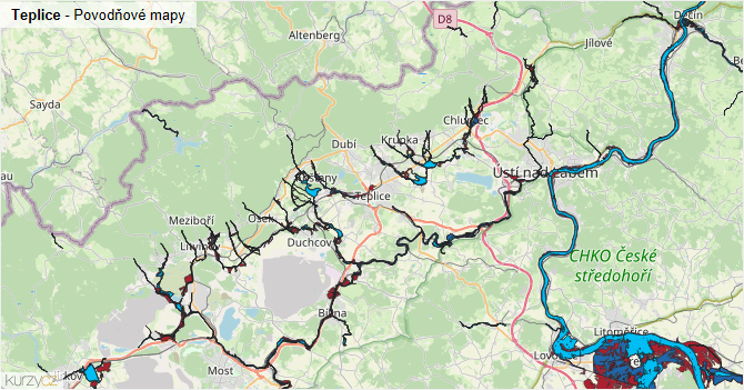 Teplice - záplavové mapy stoleté vody