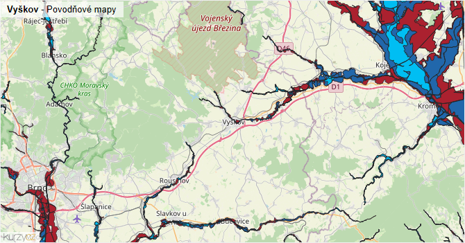 Vyškov - záplavové mapy stoleté vody