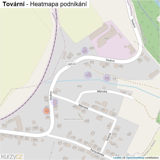 Mapa Tovární - Firmy v ulici.