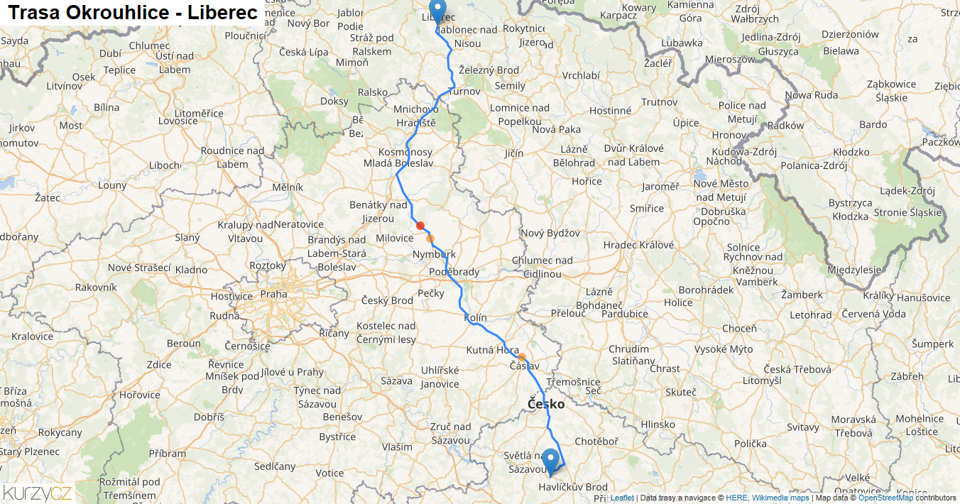 Okrouhlice-Liberec, mapa trasy