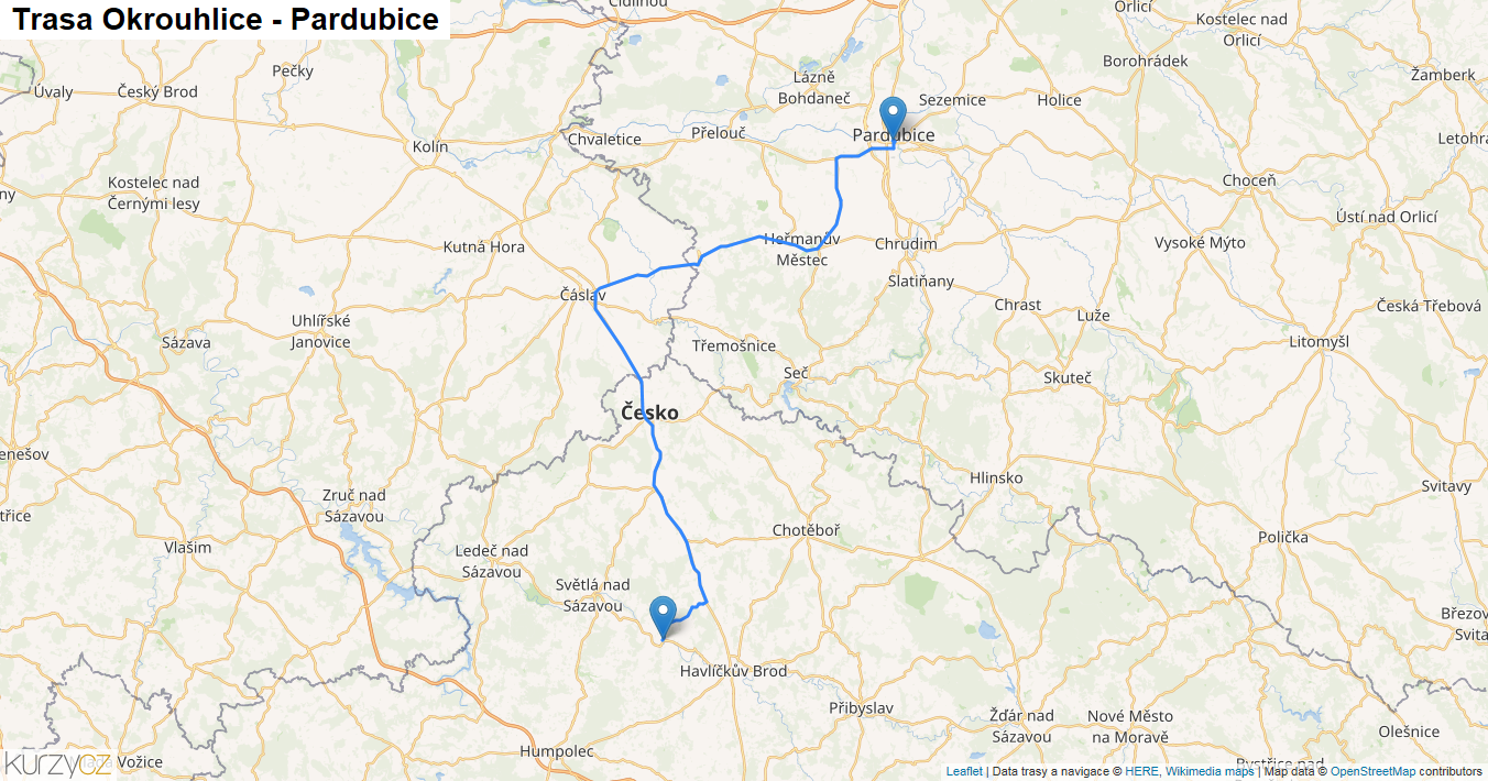 Okrouhlice-Pardubice, mapa trasy