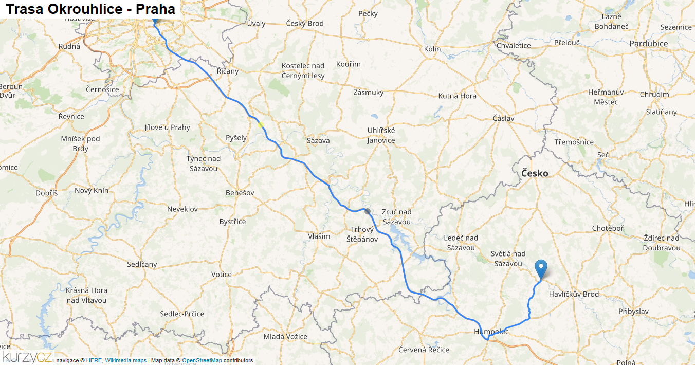 Okrouhlice-Praha, mapa trasy