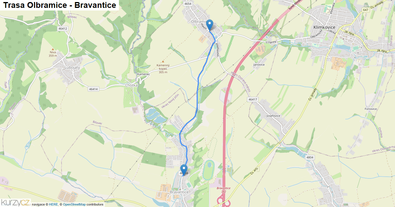 Olbramice-Bravantice, mapa trasy