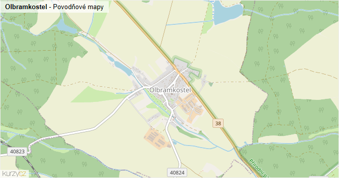 Olbramkostel - záplavové mapy stoleté vody