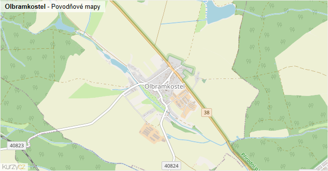 Olbramkostel - záplavové mapy stoleté vody