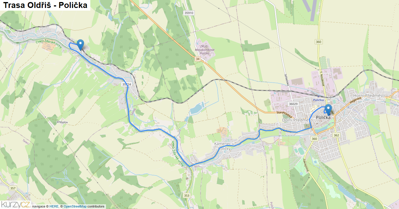 Oldřiš-Polička, mapa trasy
