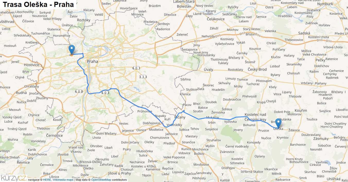 Oleška-Praha, mapa trasy