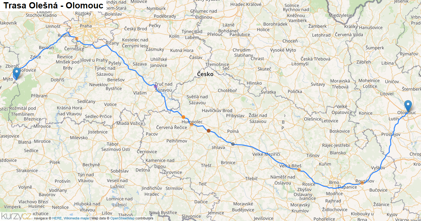 Olešná-Olomouc, mapa trasy