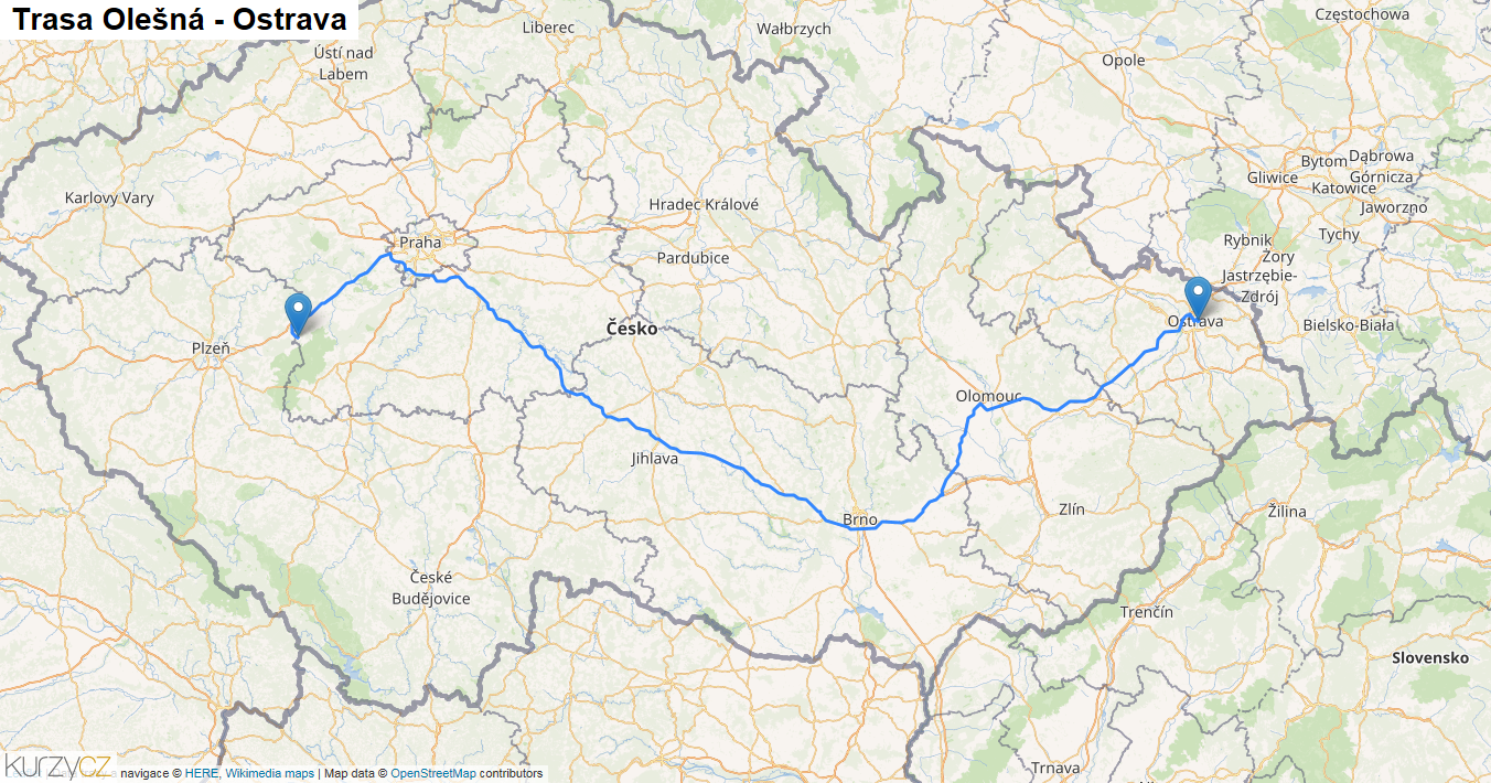 Olešná-Ostrava, mapa trasy