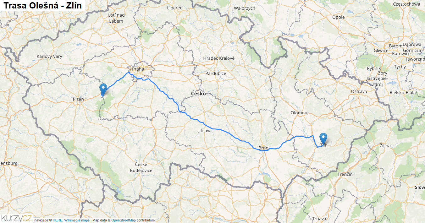 Olešná-Zlín, mapa trasy