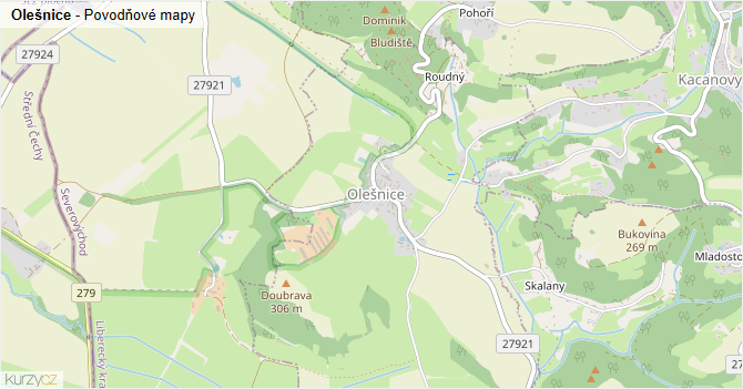 Olešnice - záplavové mapy stoleté vody
