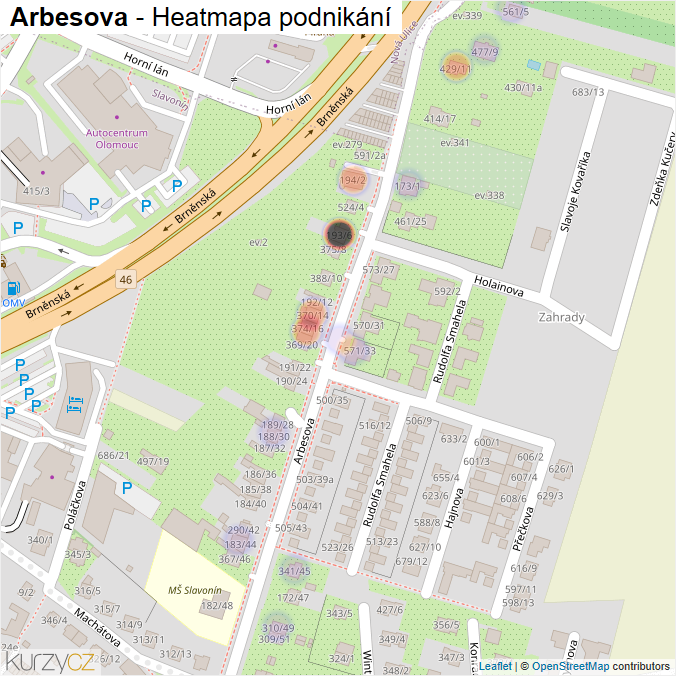 Mapa Arbesova - Firmy v ulici.