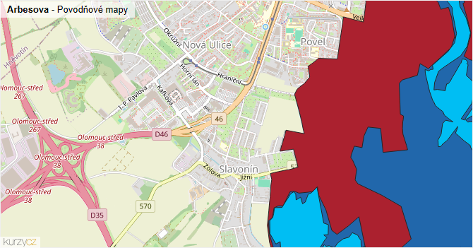 Arbesova - záplavové mapy stoleté vody
