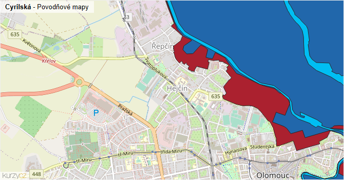 Cyrilská - záplavové mapy stoleté vody