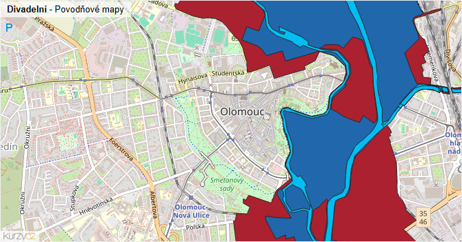 Divadelní - záplavové mapy stoleté vody