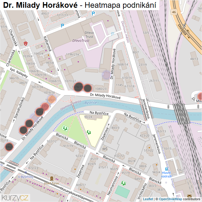 Mapa Dr. Milady Horákové - Firmy v ulici.