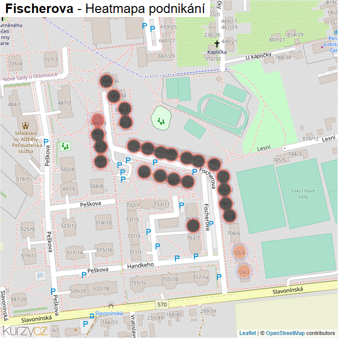 Mapa Fischerova - Firmy v ulici.