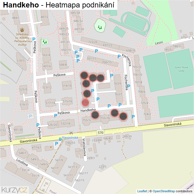 Mapa Handkeho - Firmy v ulici.