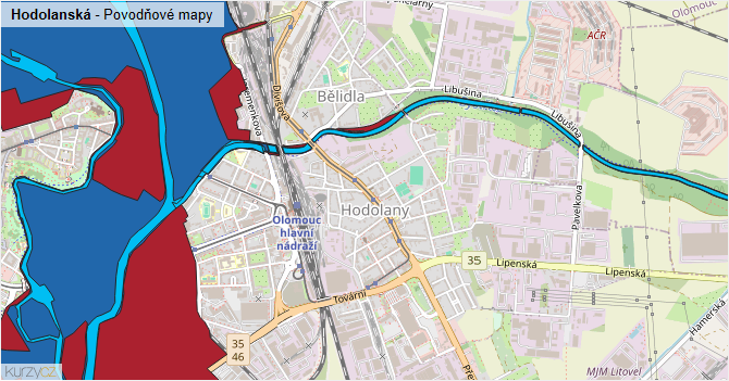Hodolanská - záplavové mapy stoleté vody