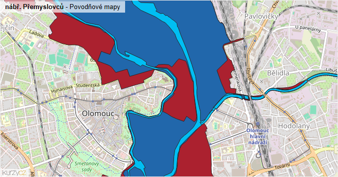 nábř. Přemyslovců - záplavové mapy stoleté vody