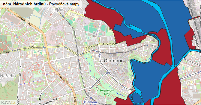 nám. Národních hrdinů - záplavové mapy stoleté vody