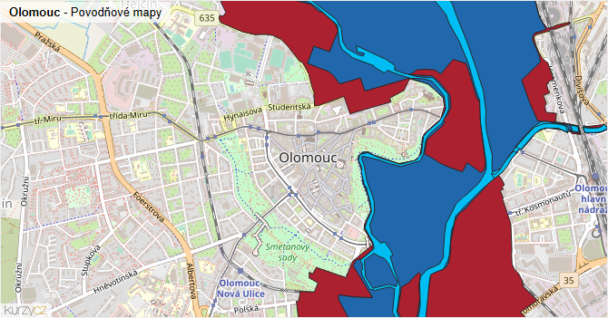 Olomouc - záplavové mapy stoleté vody