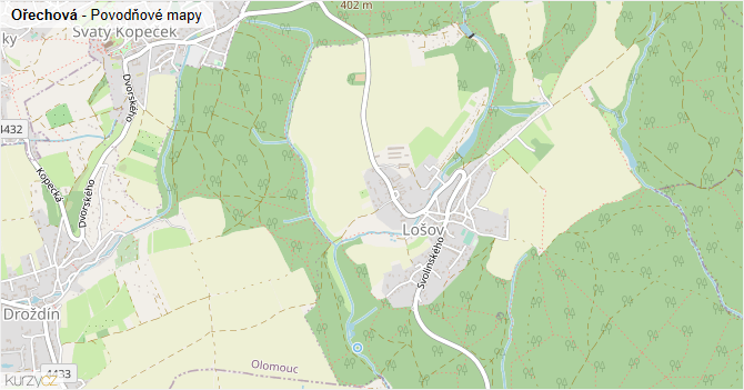 Ořechová - záplavové mapy stoleté vody