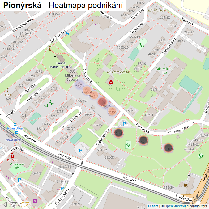 Mapa Pionýrská - Firmy v ulici.