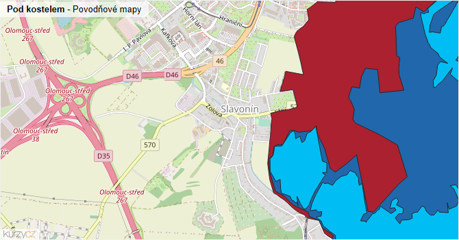 Pod kostelem - záplavové mapy stoleté vody