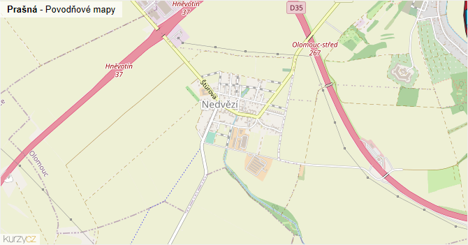 Prašná - záplavové mapy stoleté vody