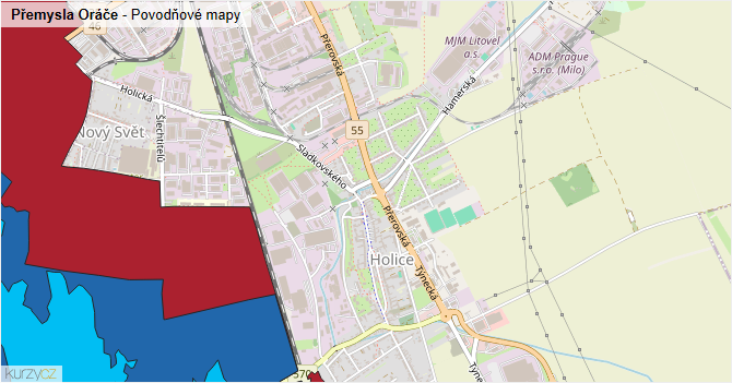 Přemysla Oráče - záplavové mapy stoleté vody