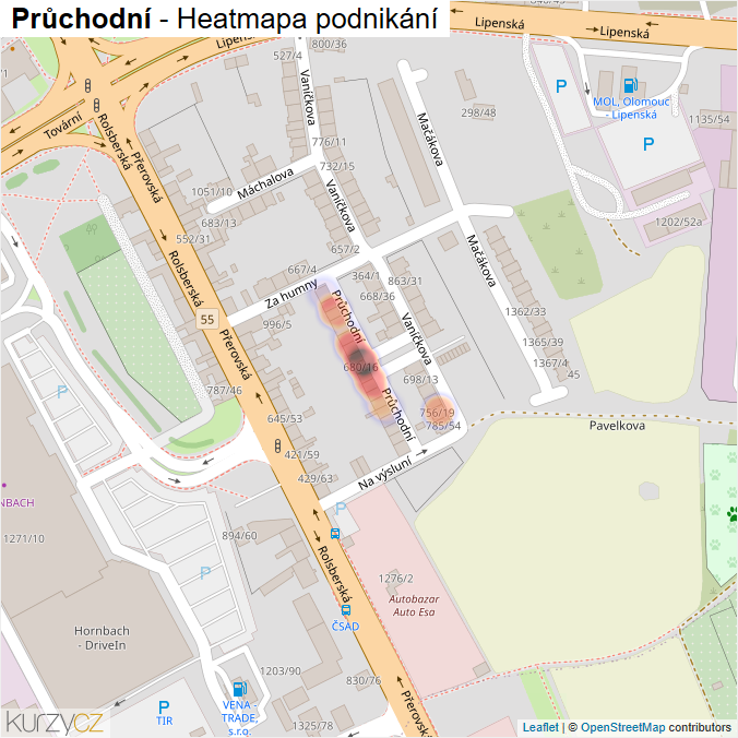 Mapa Průchodní - Firmy v ulici.