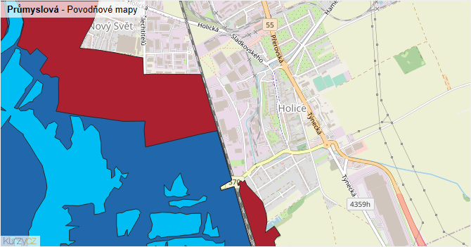 Průmyslová - záplavové mapy stoleté vody