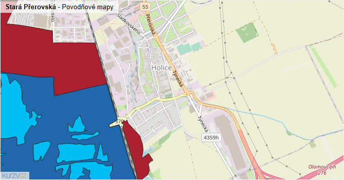 Stará Přerovská - záplavové mapy stoleté vody