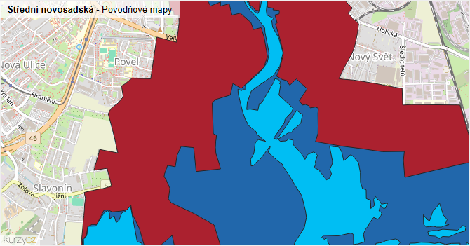 Střední novosadská - záplavové mapy stoleté vody