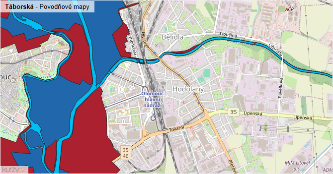 Táborská - záplavové mapy stoleté vody
