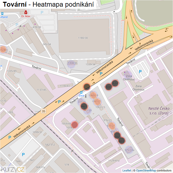 Mapa Tovární - Firmy v ulici.