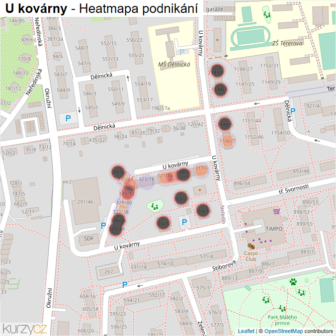 Mapa U kovárny - Firmy v ulici.